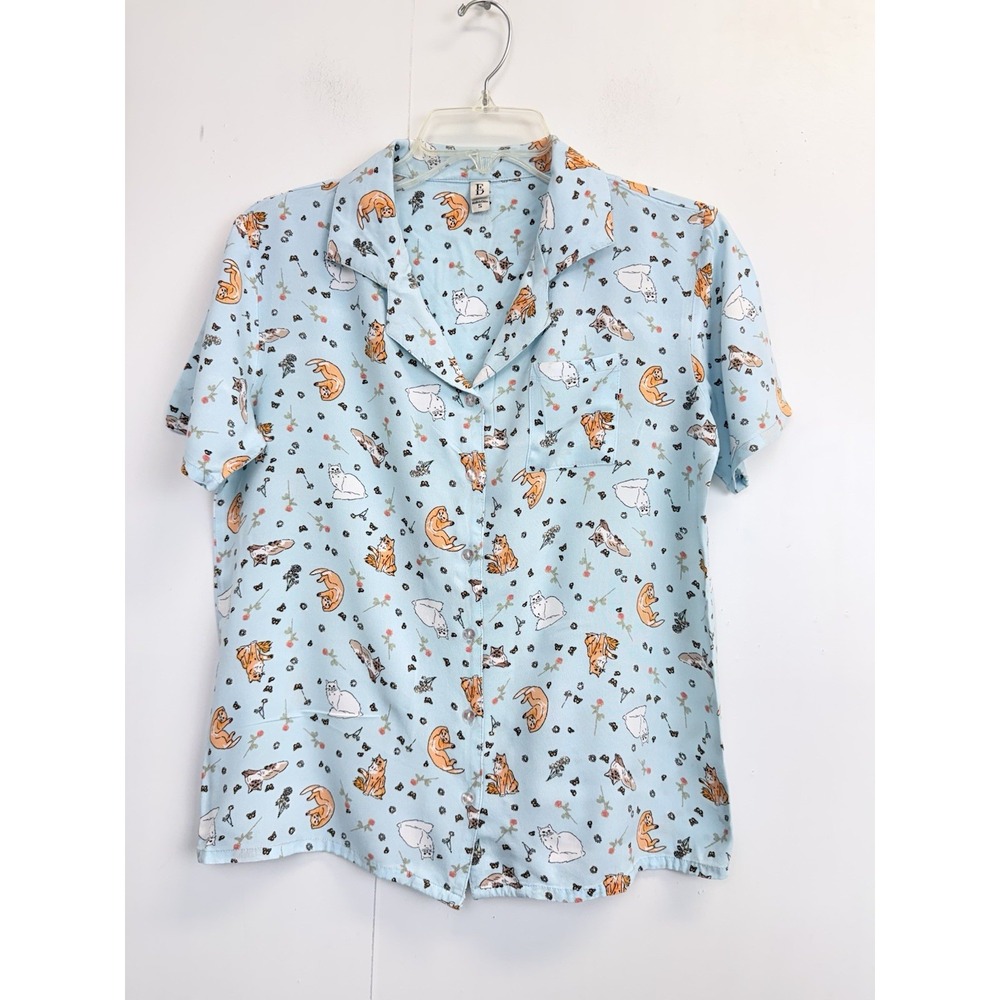 Ellen Degeneres Women's Sz S Cat Pajama Shirt Lounge Short Sleeve Top Blue Cats